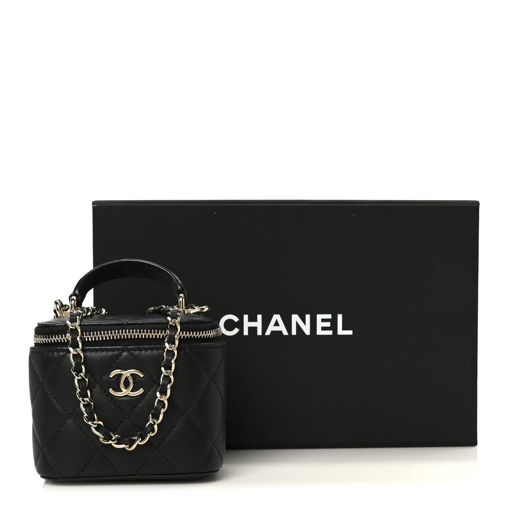 Chanel Lambskin Quilted Top Handle Mini Vanity Case With Chain Black