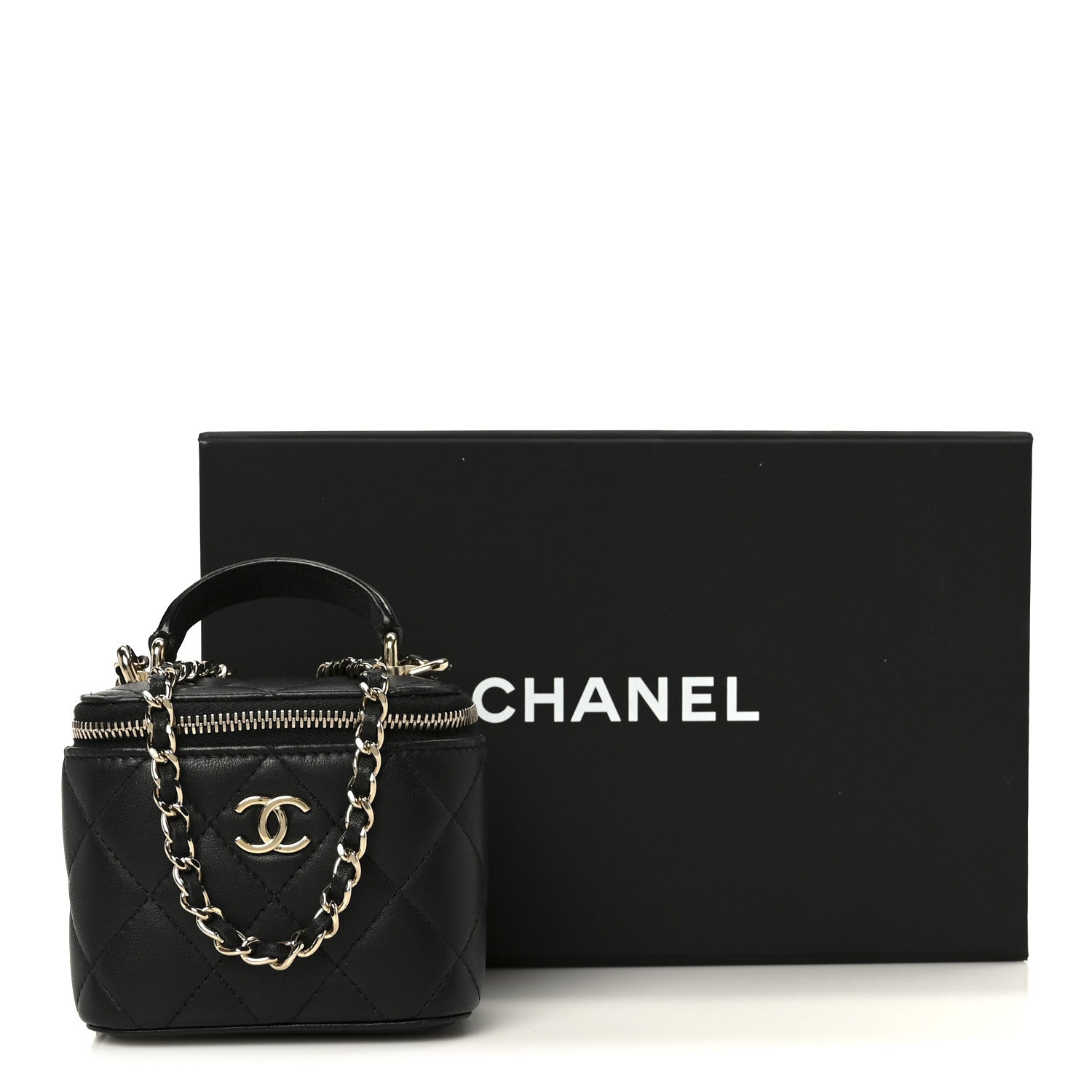 Chanel Lambskin Quilted Top Handle Mini Vanity Case With Chain Black