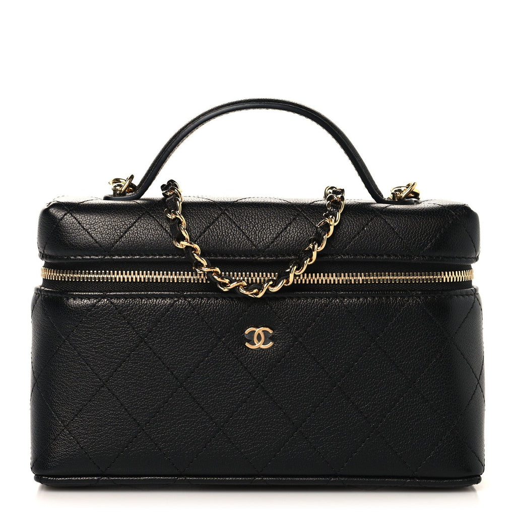 Chanel Goatskin Stitched Top Handle Slim Vanity With Chain Black