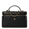 Chanel Goatskin Stitched Top Handle Slim Vanity With Chain Black