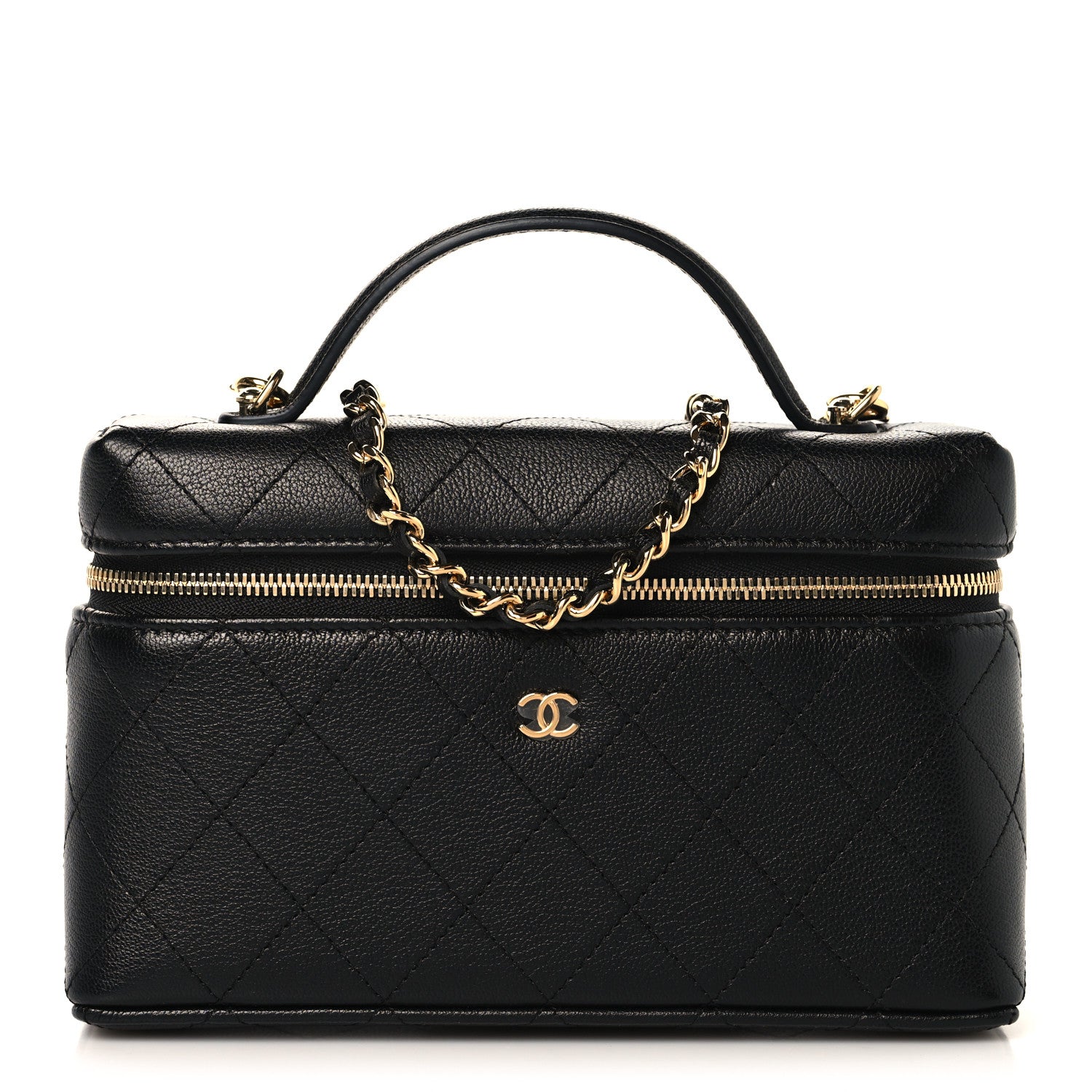 Chanel Goatskin Stitched Top Handle Slim Vanity With Chain Black