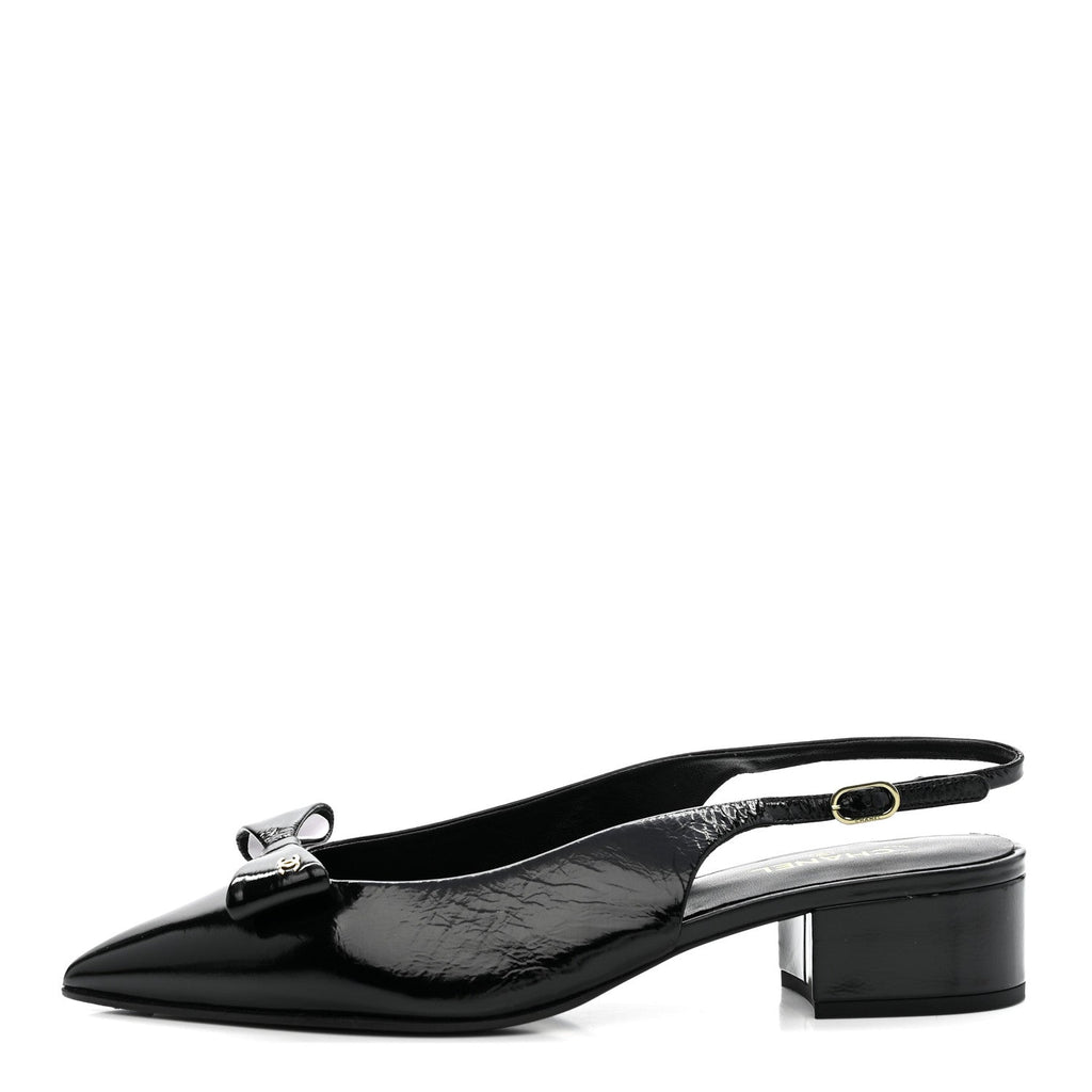 Crumpled Patent Calfskin CC Bow Slingback Pumps 38.5 Black