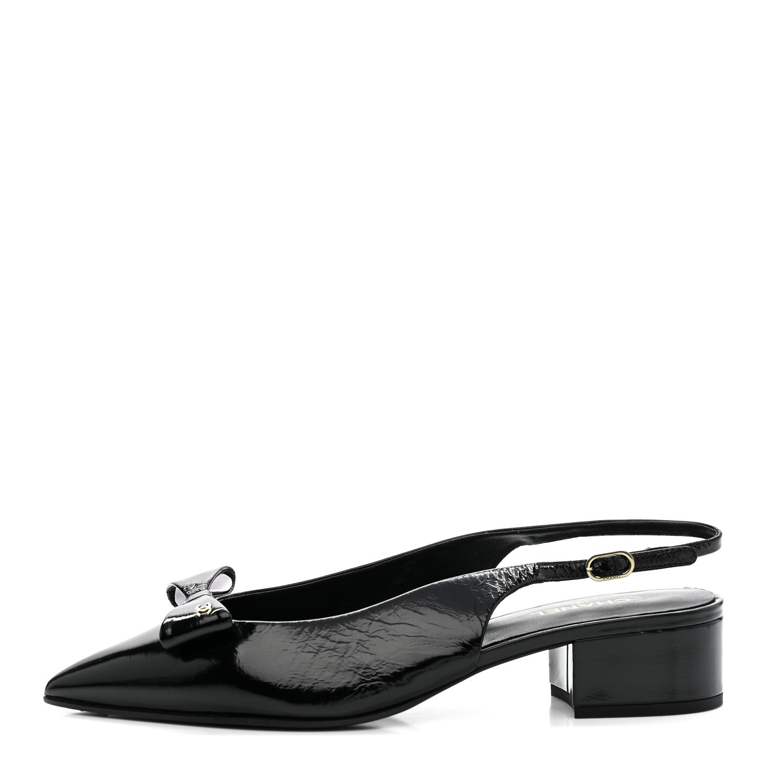 Crumpled Patent Calfskin CC Bow Slingback Pumps 38.5 Black