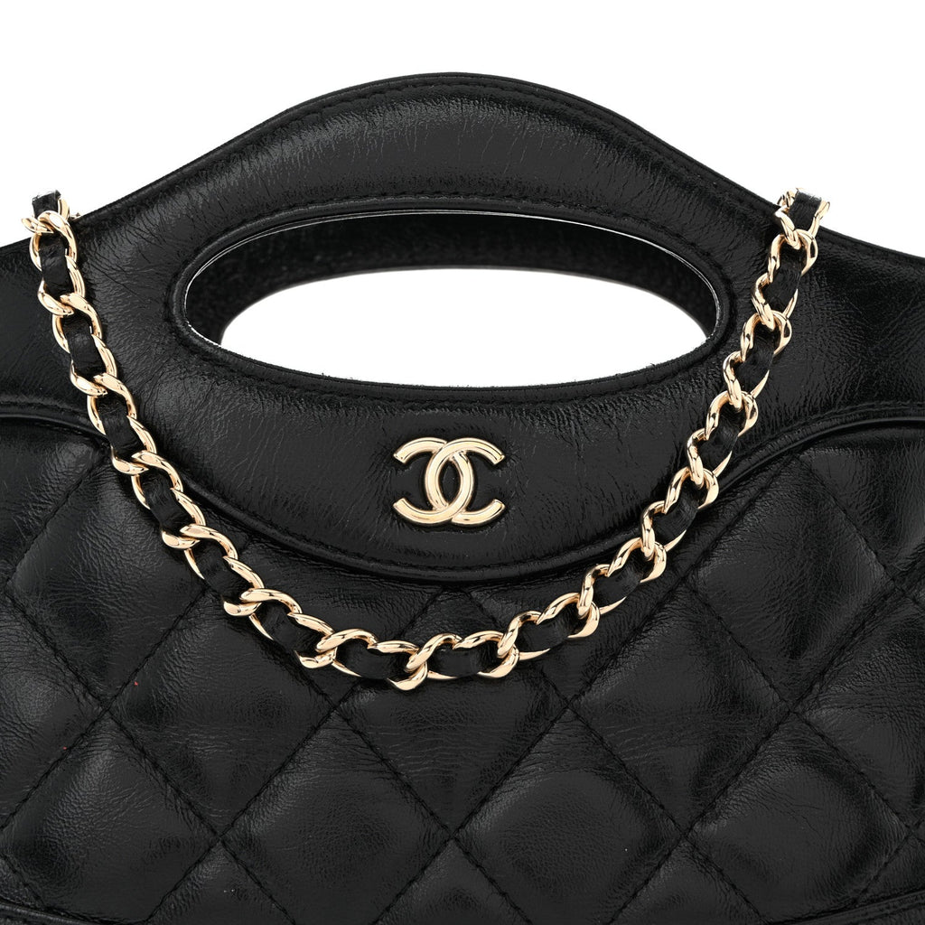 Chanel Shiny Crumpled Calfskin Quilted Nano 31 Shopping Bag Black
