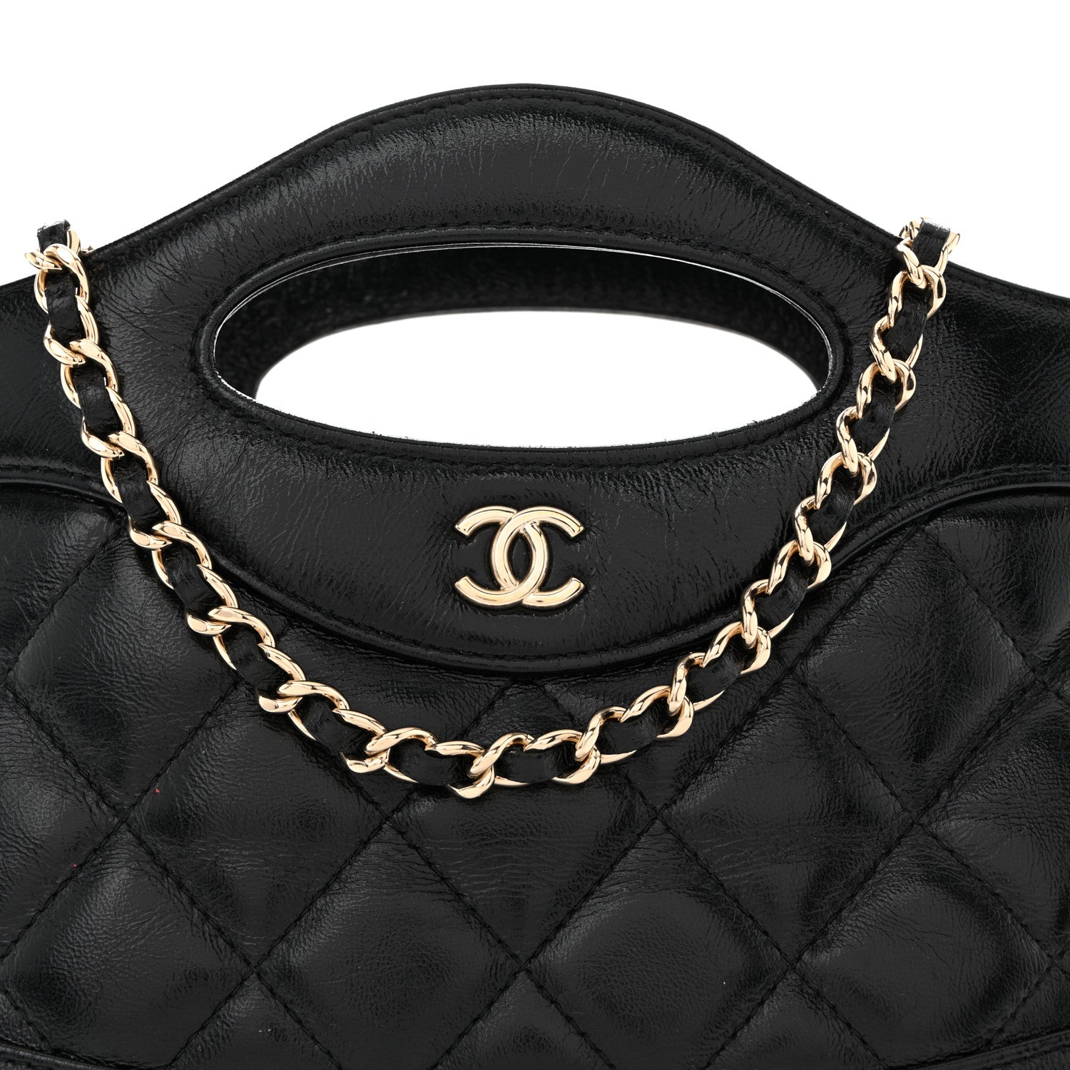 Chanel Shiny Crumpled Calfskin Quilted Nano 31 Shopping Bag Black