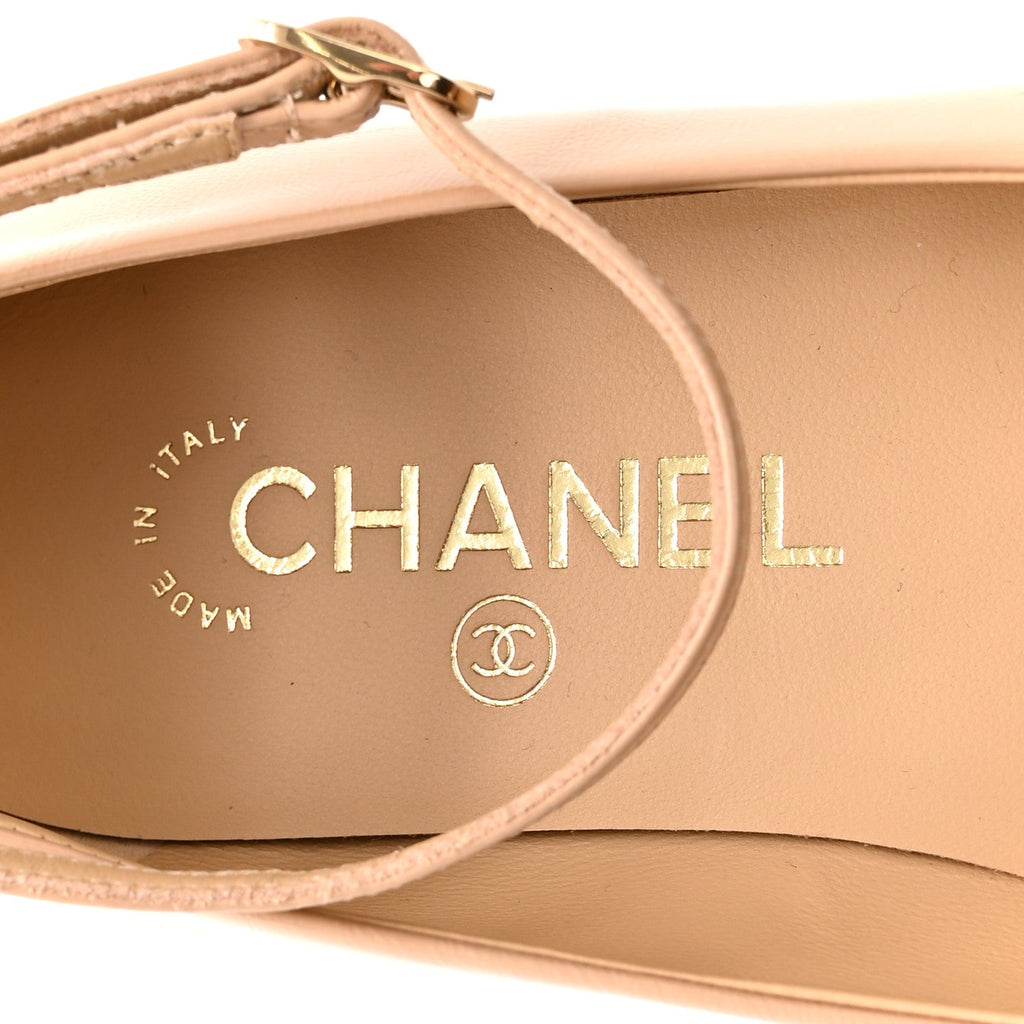 Chanel Shiny Calfskin Camellia Ankle Strap Ballerina Flats 36 Beige