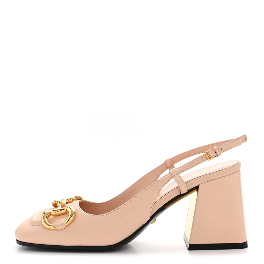 Gucci Malaga Kid Horsebit 75mm Slingback Pumps 35.5 Skin Rose