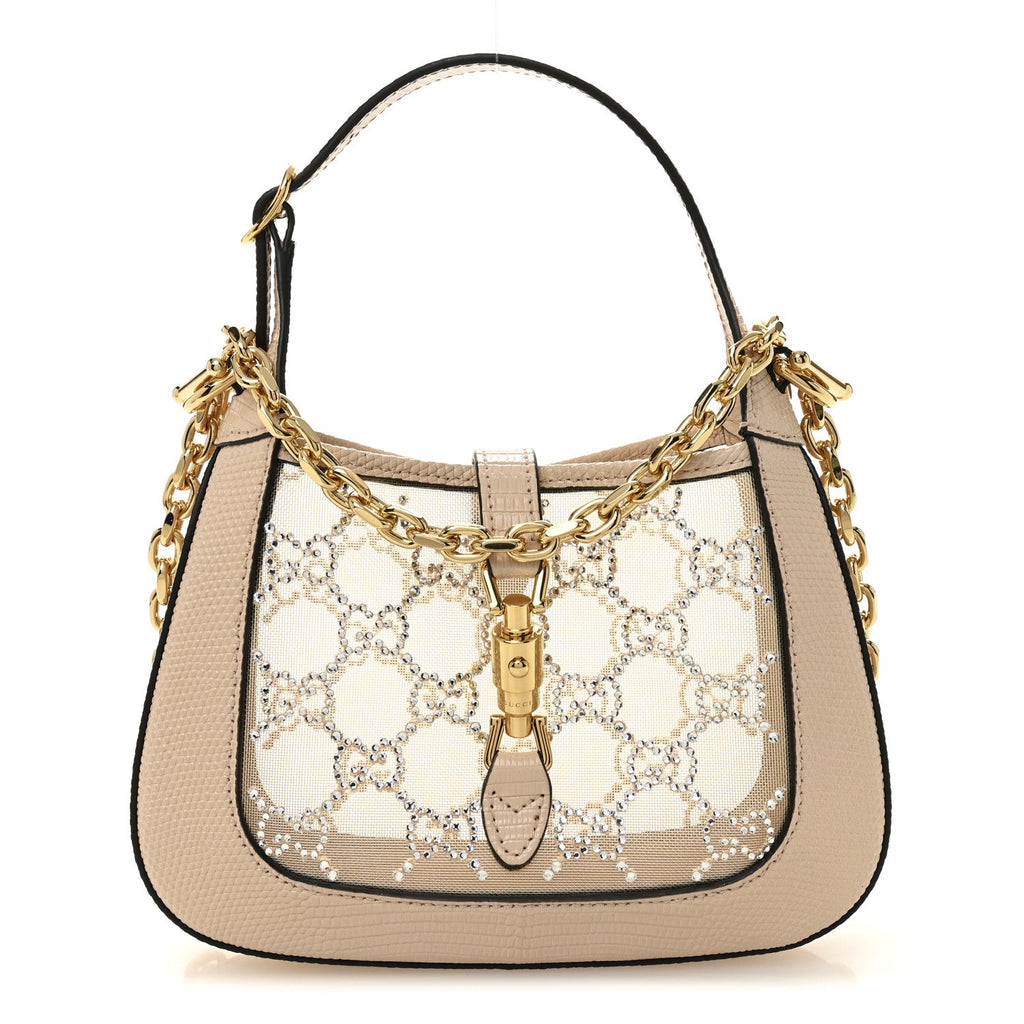 Gucci Lizard Mesh Crystal GG Monogram Mini Jackie 1961 Hobo Light Powder Skin Rose