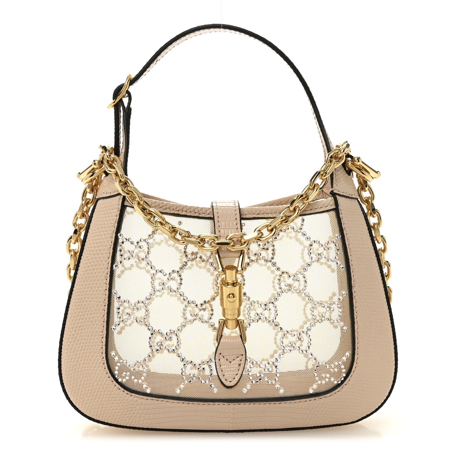 Gucci Lizard Mesh Crystal GG Monogram Mini Jackie 1961 Hobo Light Powder Skin Rose