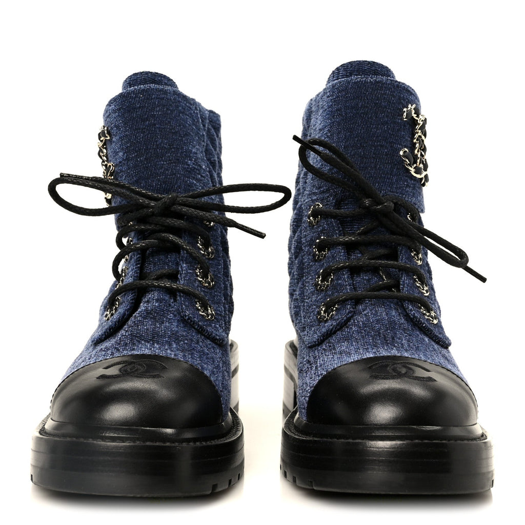 Chanel Shiny Calfskin Velvet Quilted Lace Up Combat Boots 37 Blue