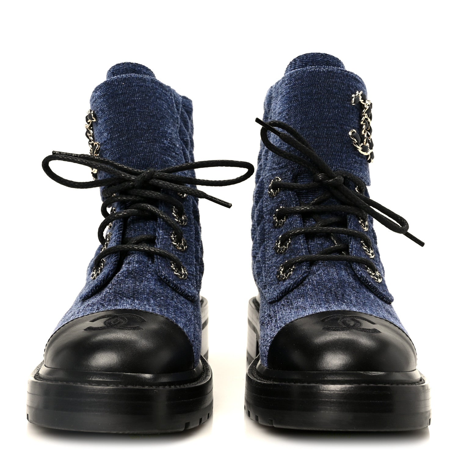 Chanel Shiny Calfskin Velvet Quilted Lace Up Combat Boots 37 Blue