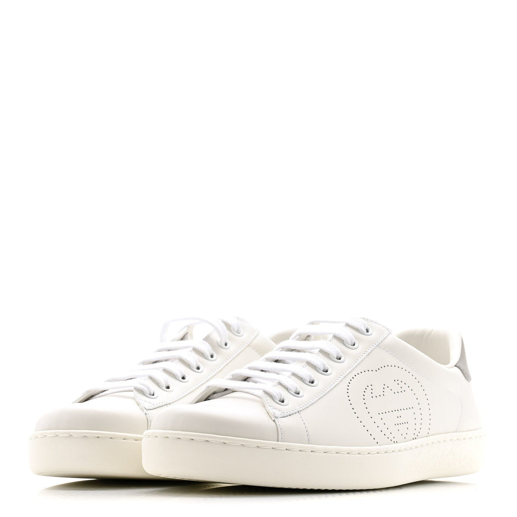Gucci Calfskin Interlocking G Perforated Mens Ace Sneakers 8 White Grey Sky