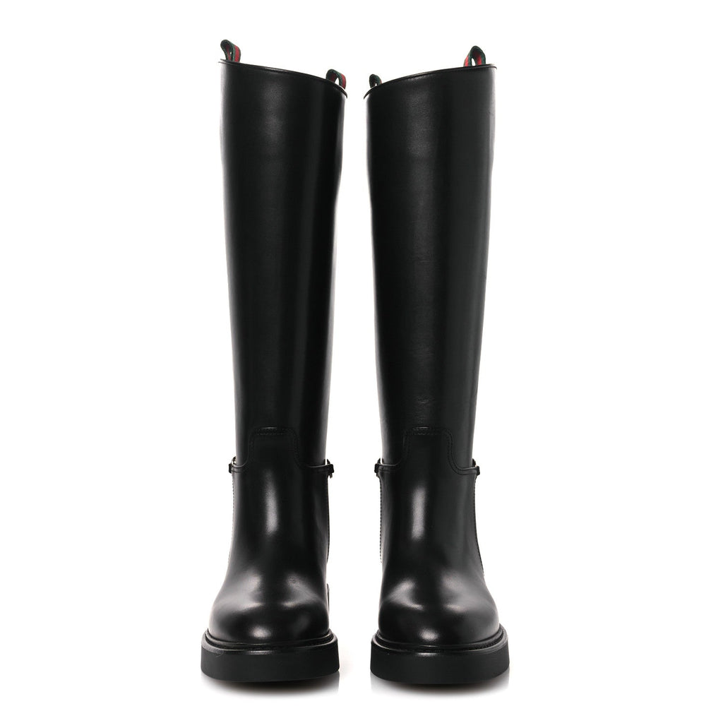 Gucci Shiny Calfskin Michelangelo Slim Horsebit Riding Boots 36 Black