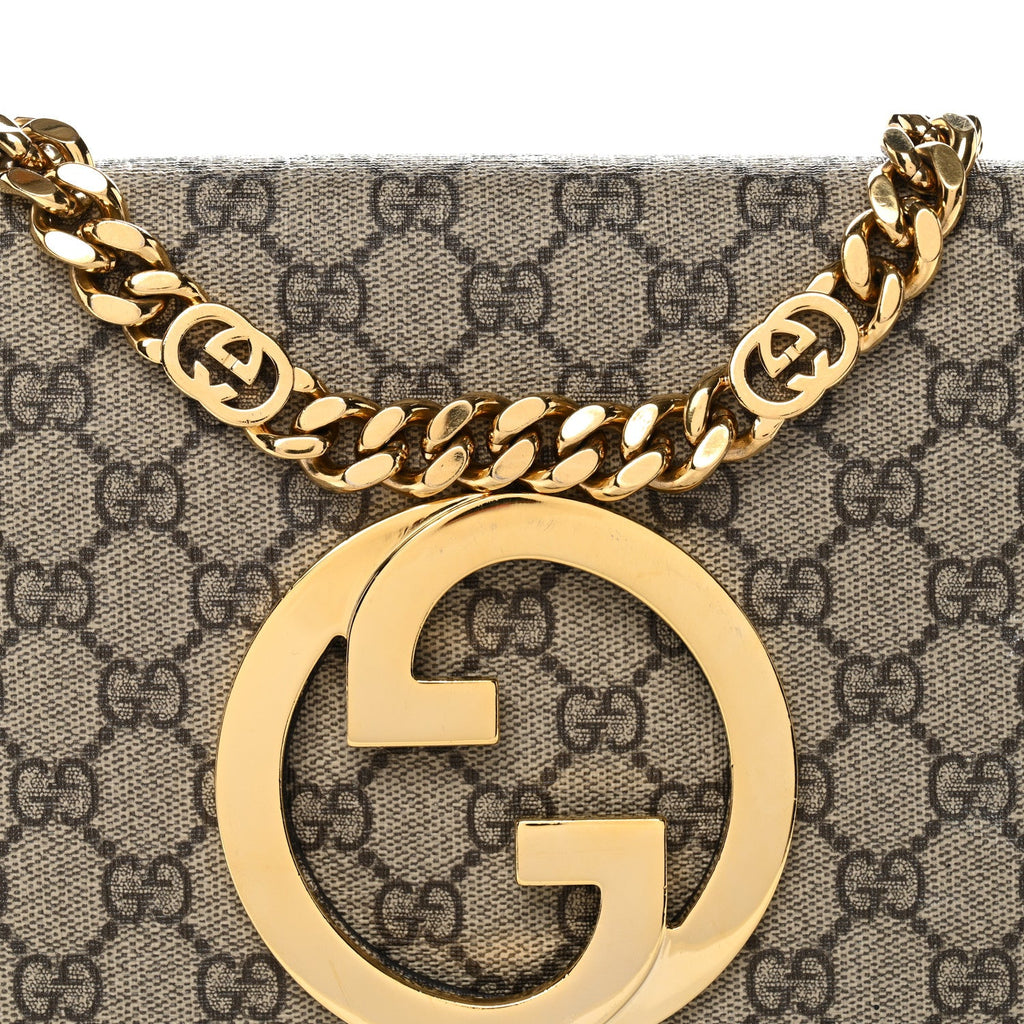 Gucci GG Supreme Monogram Textured Dollar Calfskin Blondie Chain Shoulder Flap Bag Beige Ebony New Acero