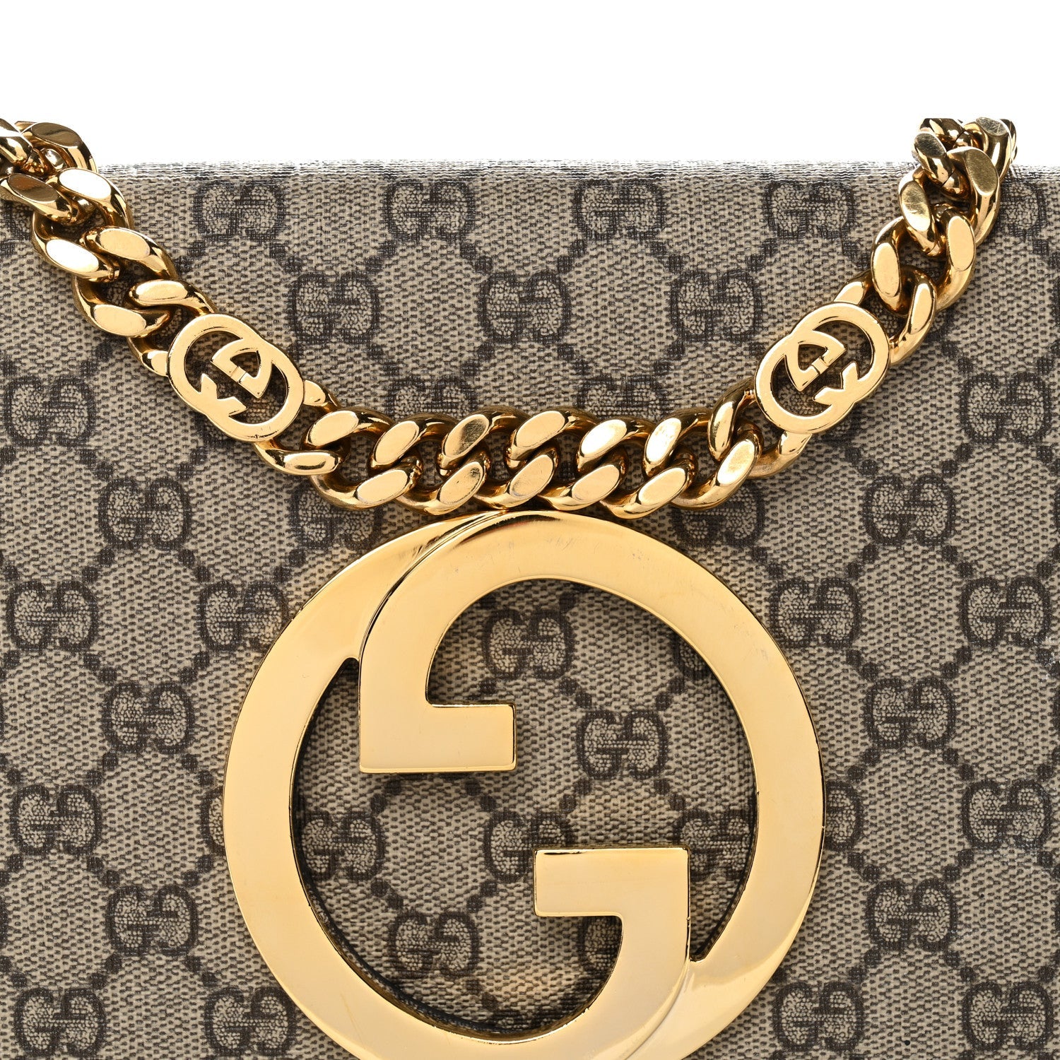 Gucci GG Supreme Monogram Textured Dollar Calfskin Blondie Chain Shoulder Flap Bag Beige Ebony New Acero