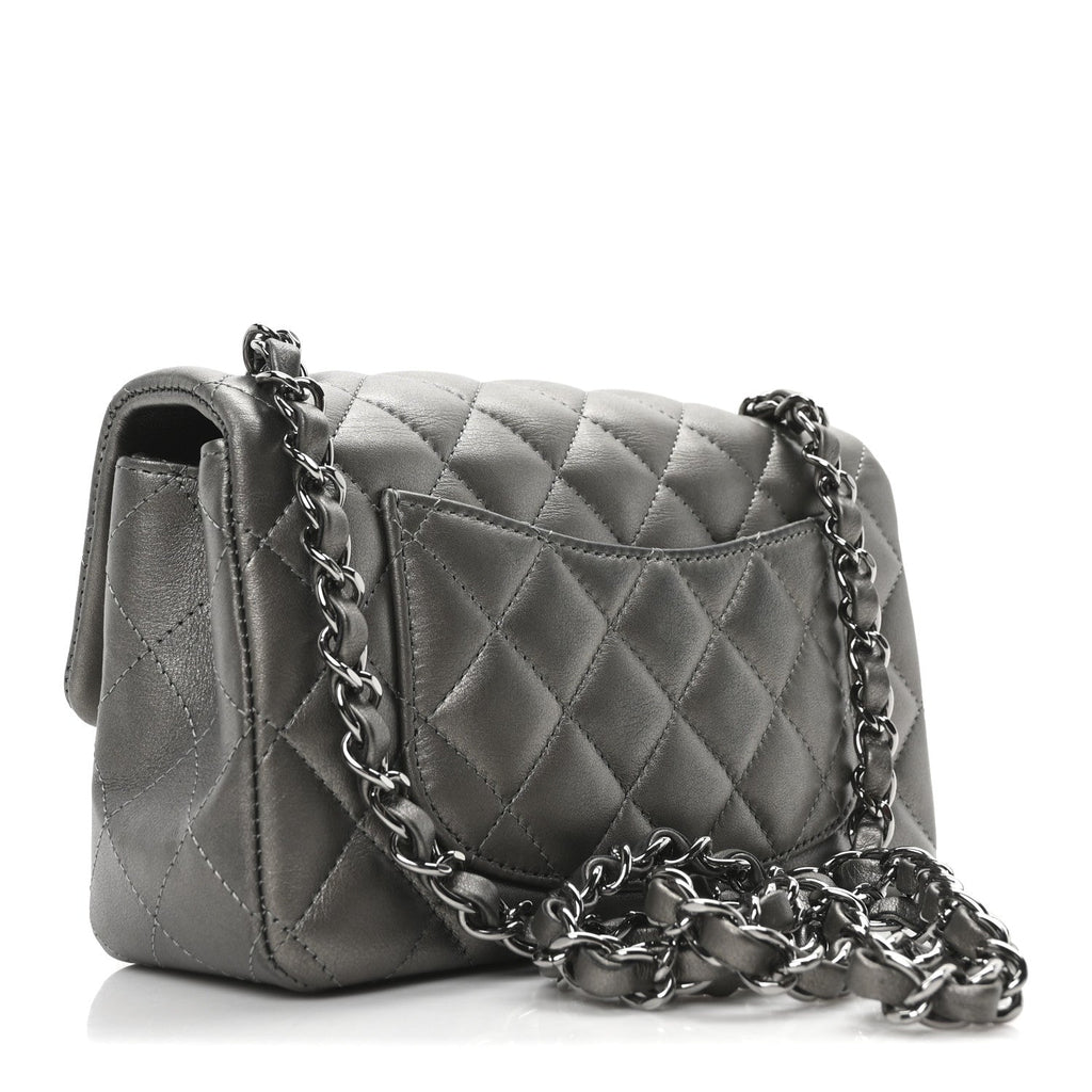 Chanel Metallic Lambskin Quilted Mini Rectangular Flap  Dark Grey