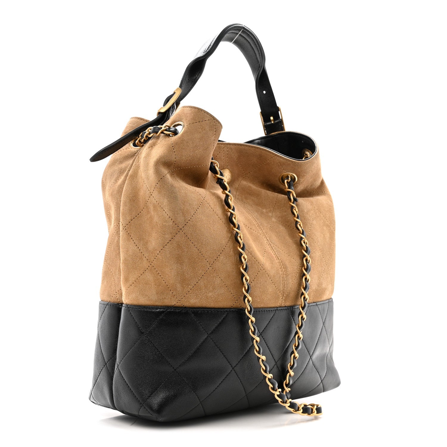 Chanel Suede Calfskin Shiny Lambskin Quilted Coco Base Shopping Bag Beige Black