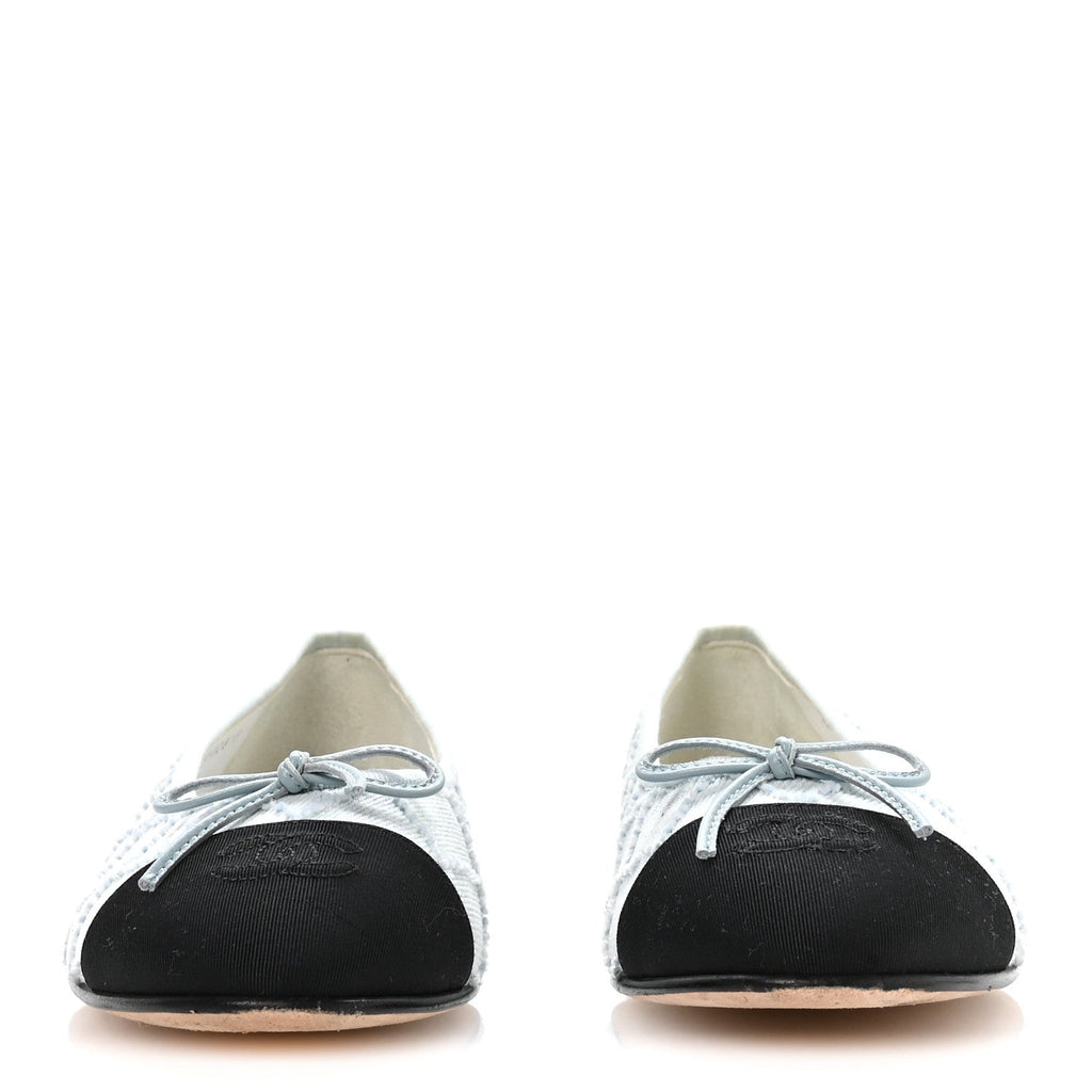 Denim Embroidered Grosgrain CC Cap Toe Ballerina Flats 38.5 Light Blue Black