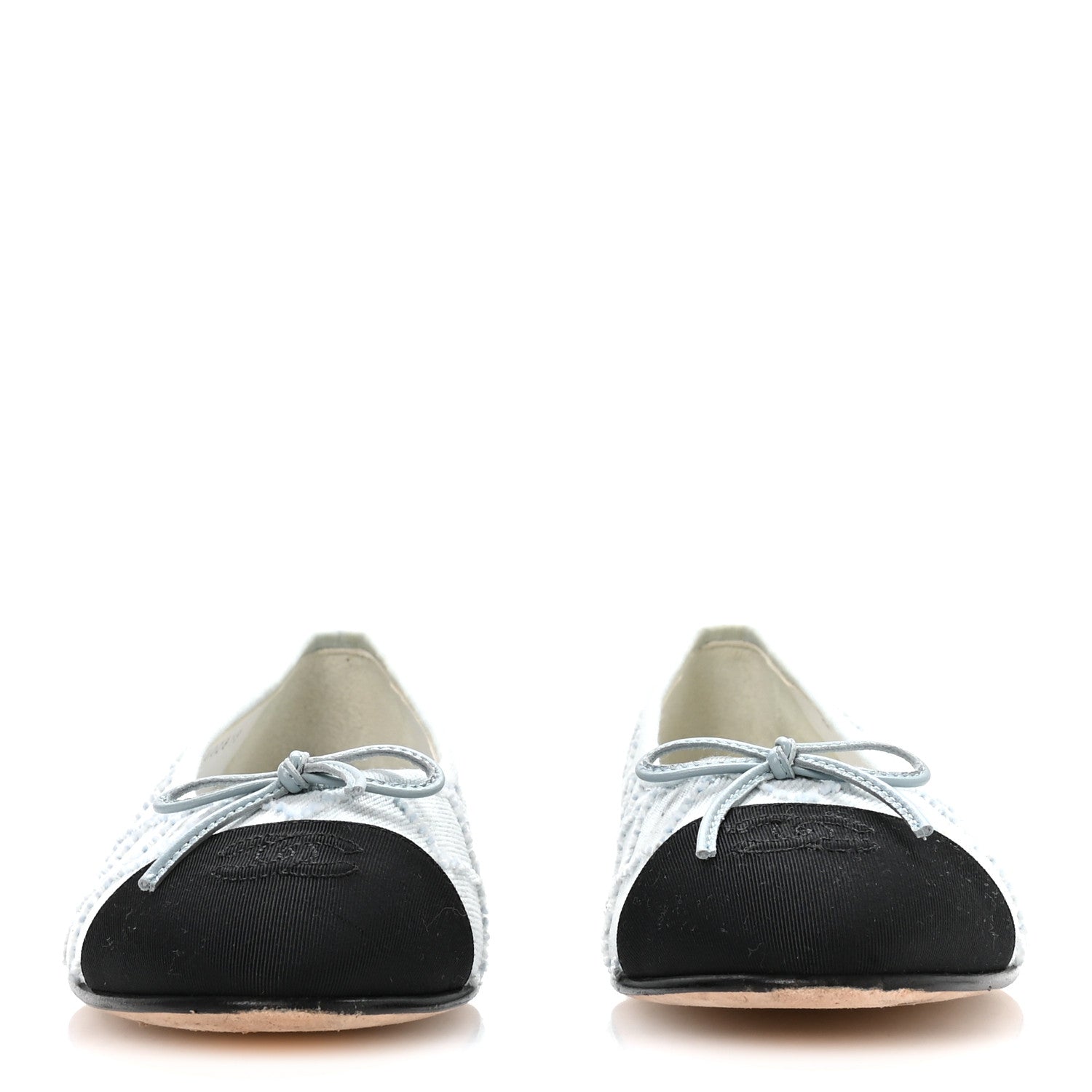 Denim Embroidered Grosgrain CC Cap Toe Ballerina Flats 38.5 Light Blue Black