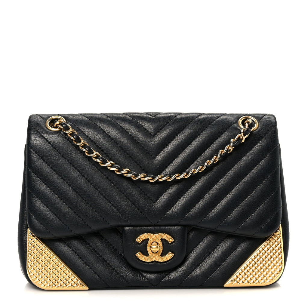Chanel Calfskin Chevron Quilted Mini Rock The Corner Flap Black