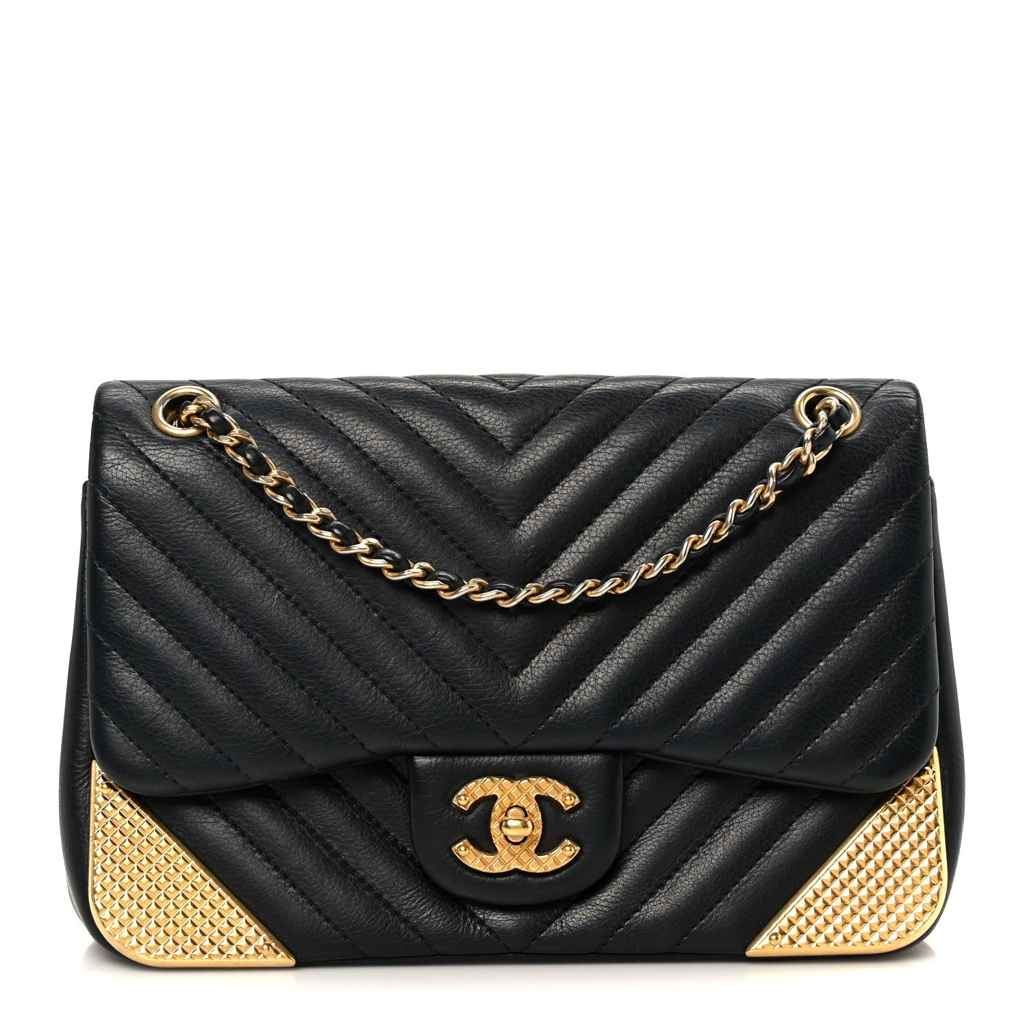 Chanel Calfskin Chevron Quilted Mini Rock The Corner Flap Black