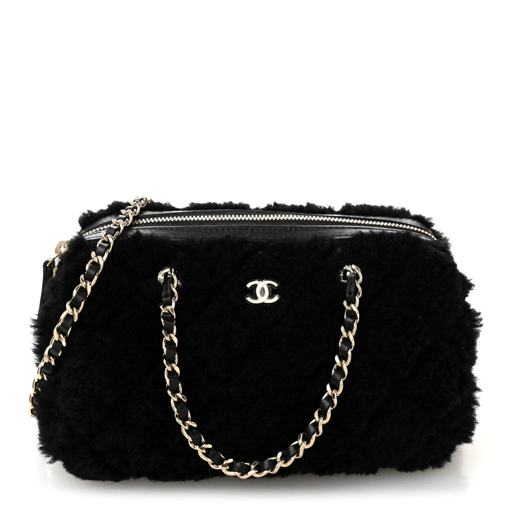 Chanel Shearling Quilted Barrel Clutch With Chain Black