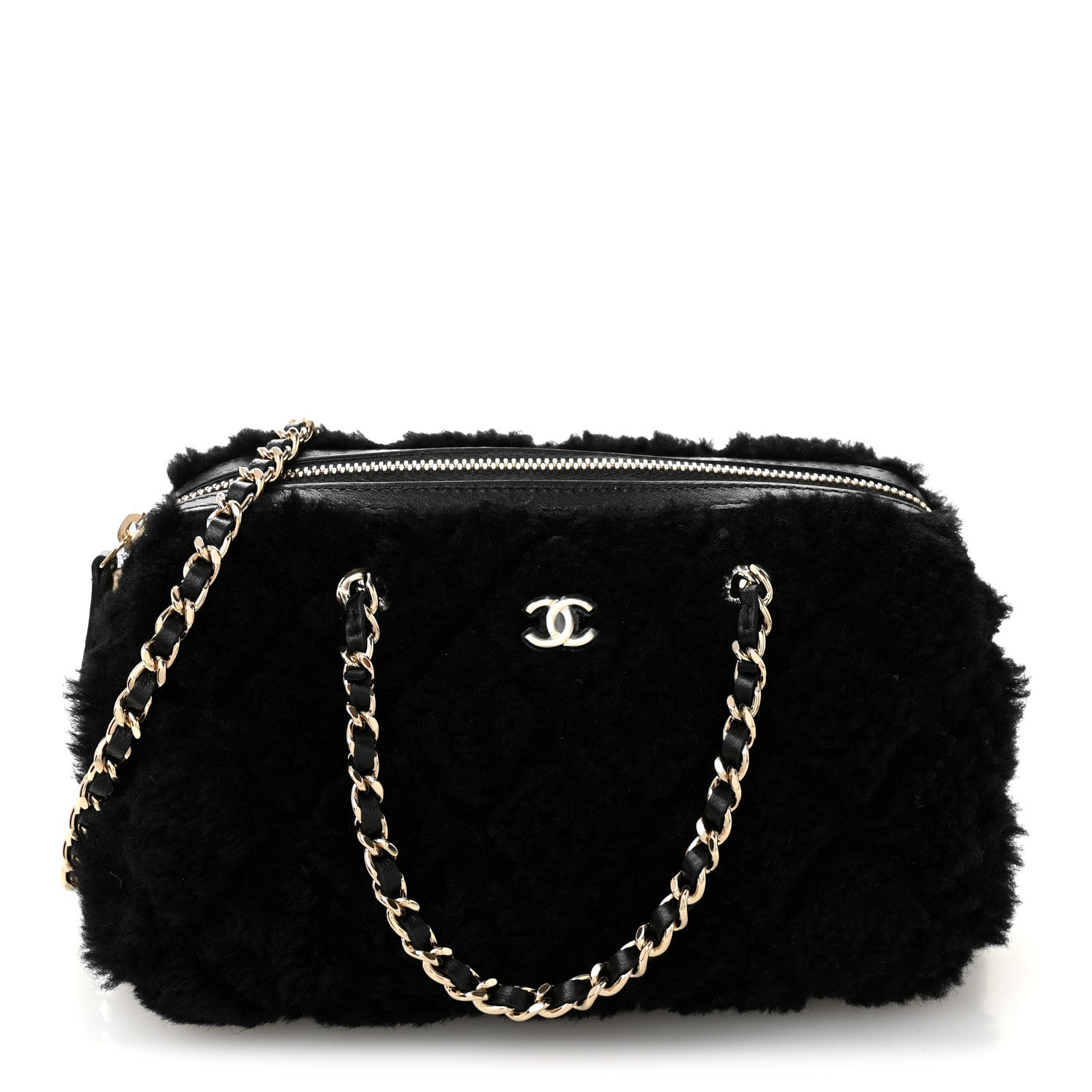 Chanel Shearling Quilted Barrel Clutch With Chain Black