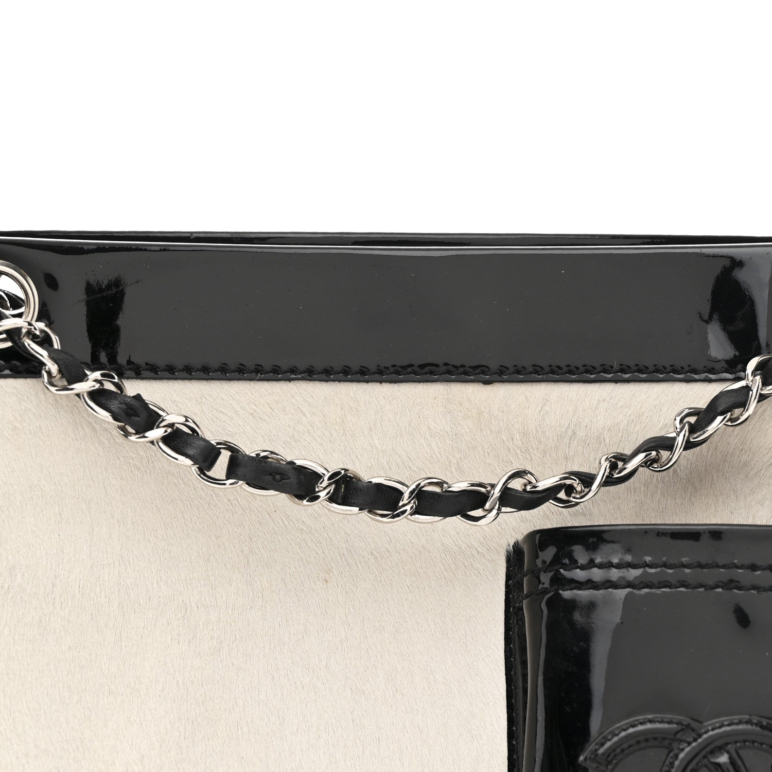 Chanel Patent Pony Hair Small Pocket Tote Black White