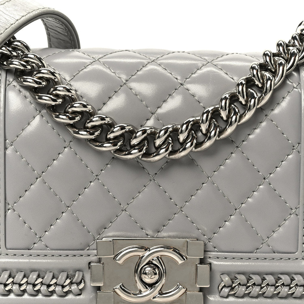 Chanel Iridescent Lambskin Quilted Small Chain Around Boy Flap Grey