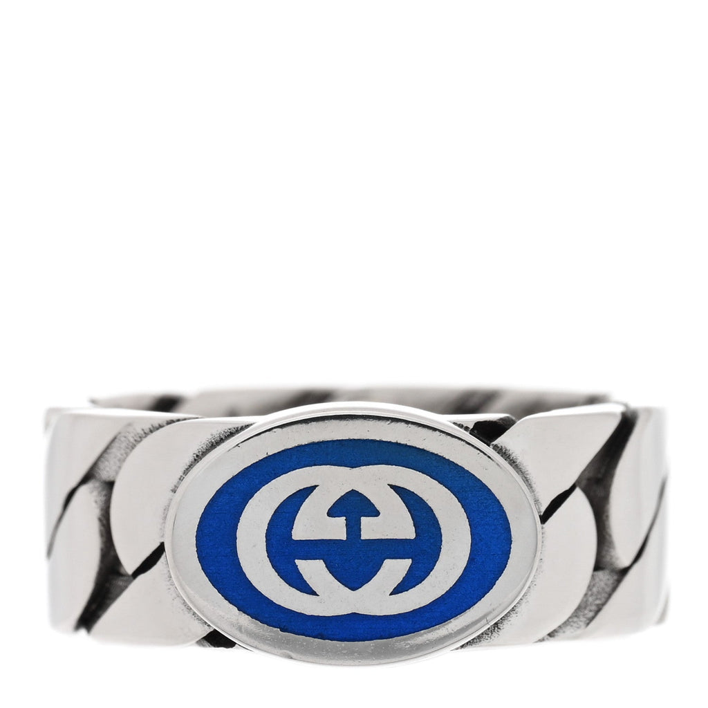 Gucci Sterling Silver Enamel Interlocking G Chain Ring 61 9.75 Blue