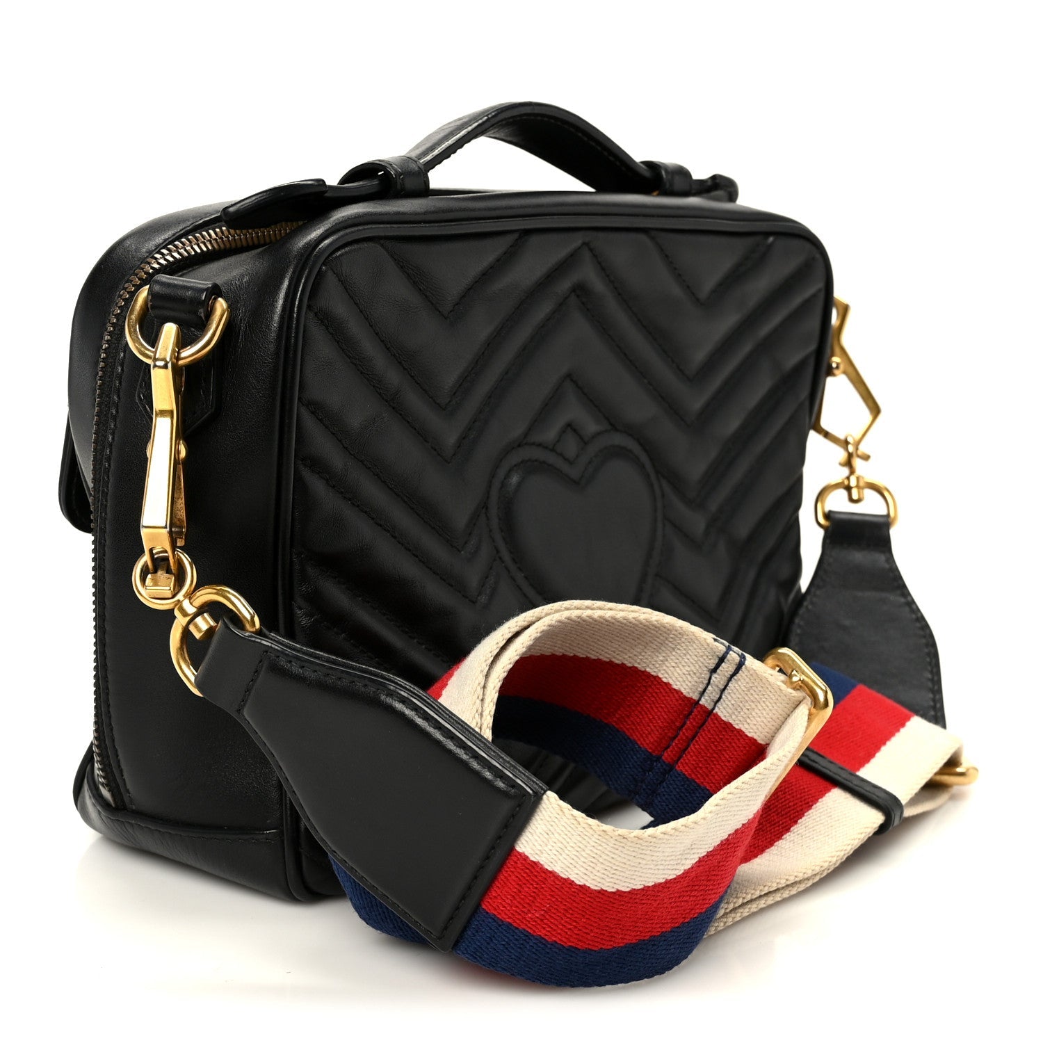 Gucci Calfskin Matelasse Sylvie Web Small GG Marmont Top Handle Shoulder Bag Black