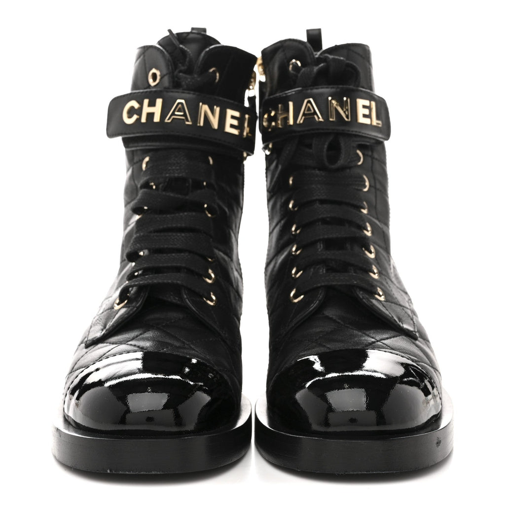 Lambskin Patent Calfskin Quilted Logo Lace Up Combat Boots 37 Black