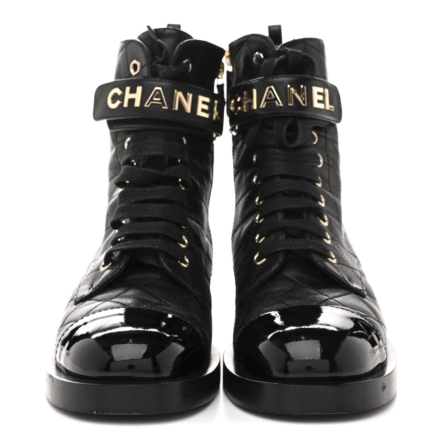 Lambskin Patent Calfskin Quilted Logo Lace Up Combat Boots 37 Black