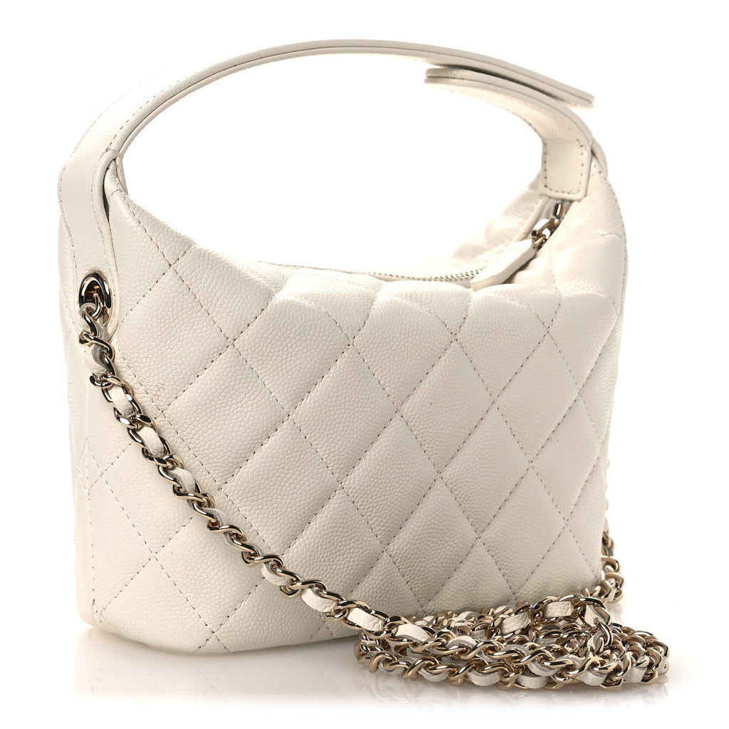 Chanel Caviar Quilted Hobo Clutch With Chain White