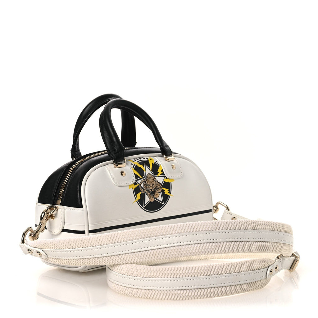 Christian Dior Calfskin Animal Print Micro Dior Vibe Zip Bowling Bag White Multicolor