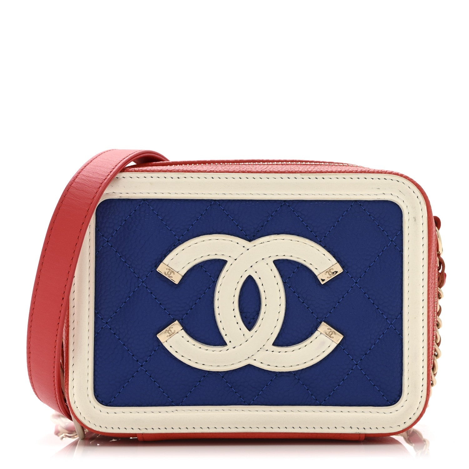 Chanel Caviar Quilted Filigree Vanity Clutch With Chain Blue White Red