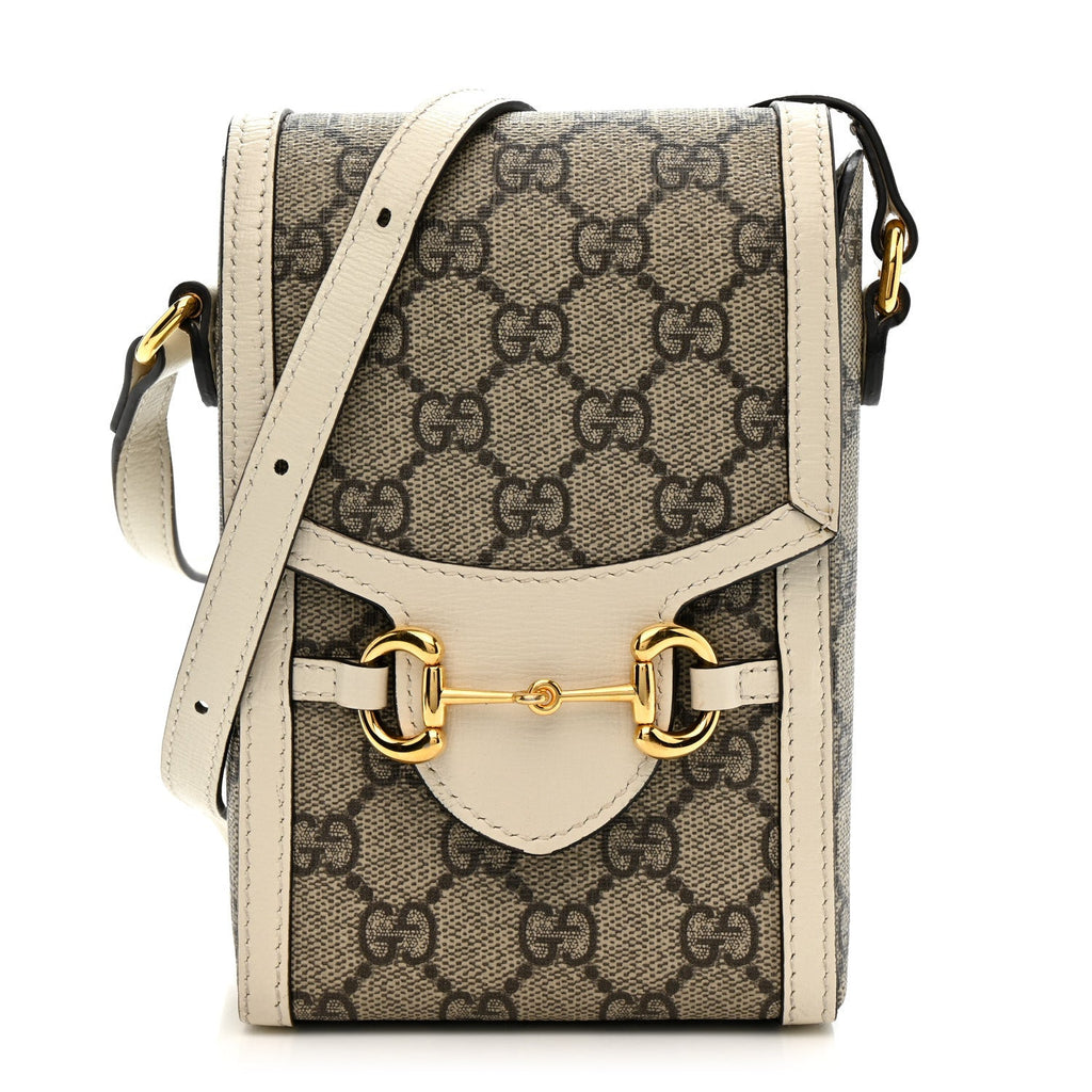 Gucci GG Supreme Monogram Azalea Calfskin Mini Horsebit 1955 Crossbody Bag Beige Ebony Mystic White