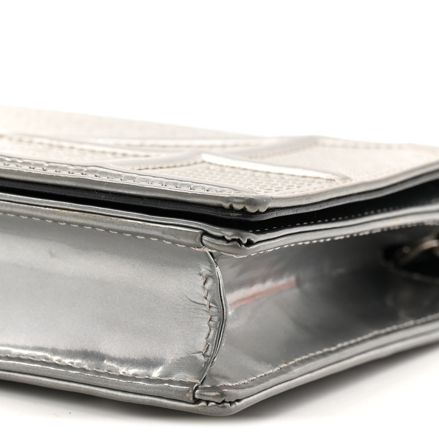 Christian Dior Metallic Patent Micro-Cannage Diorama Wallet on Chain Pouch Silver