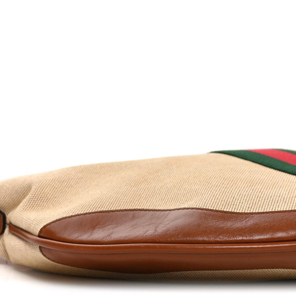 Gucci Vintage Canvas Calfskin Web Large Ophidia Half Moon Hobo Sand Light Cuir