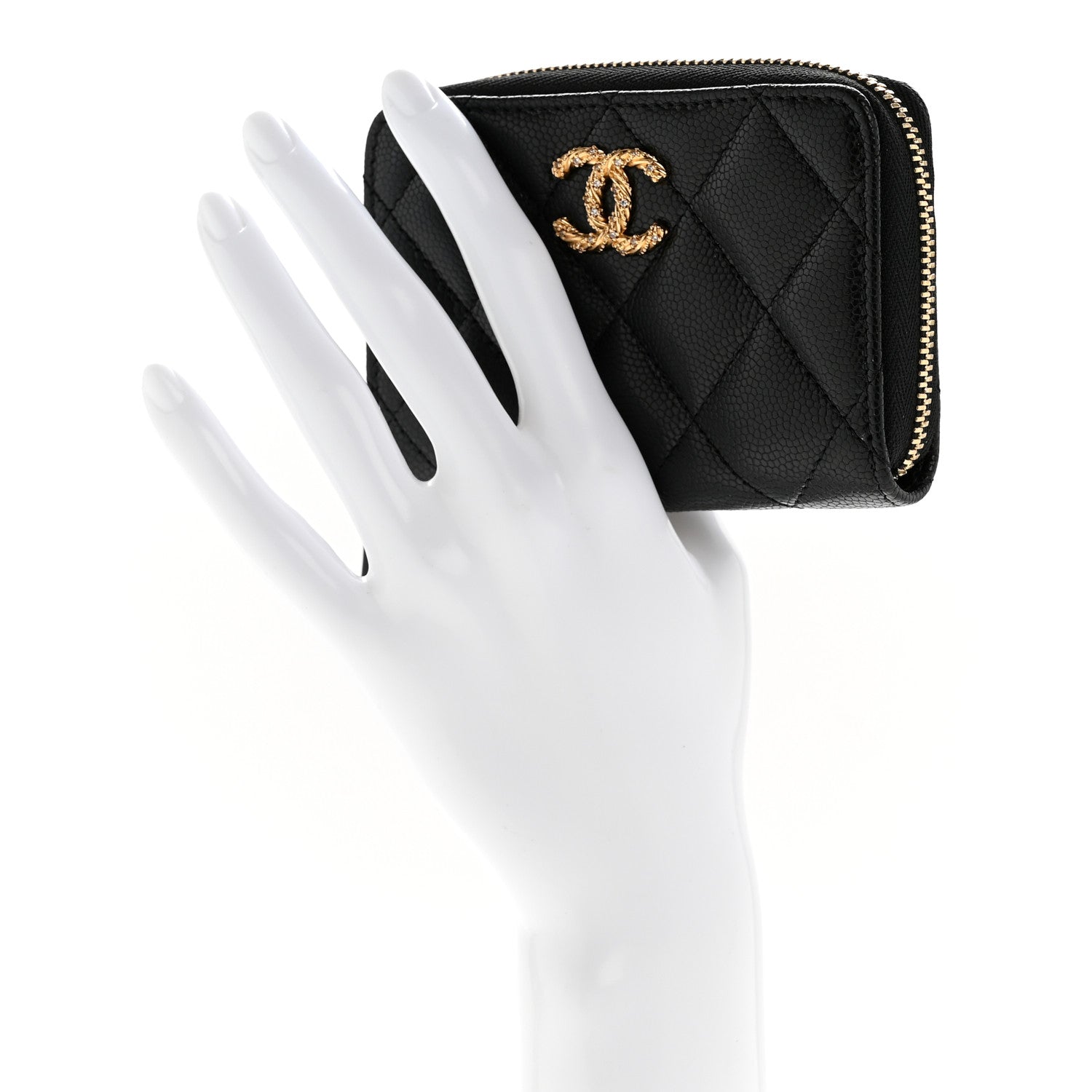 Caviar Quilted Crystal Zip Around Coin Purse Wallet Black