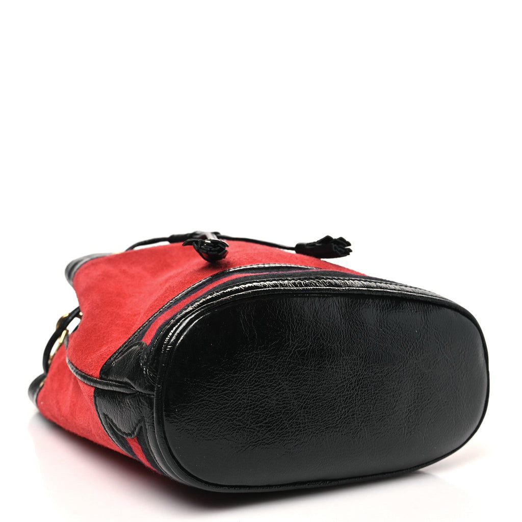 Gucci Suede Patent Web Small Ophidia Bucket Bag Hibiscus Red Black
