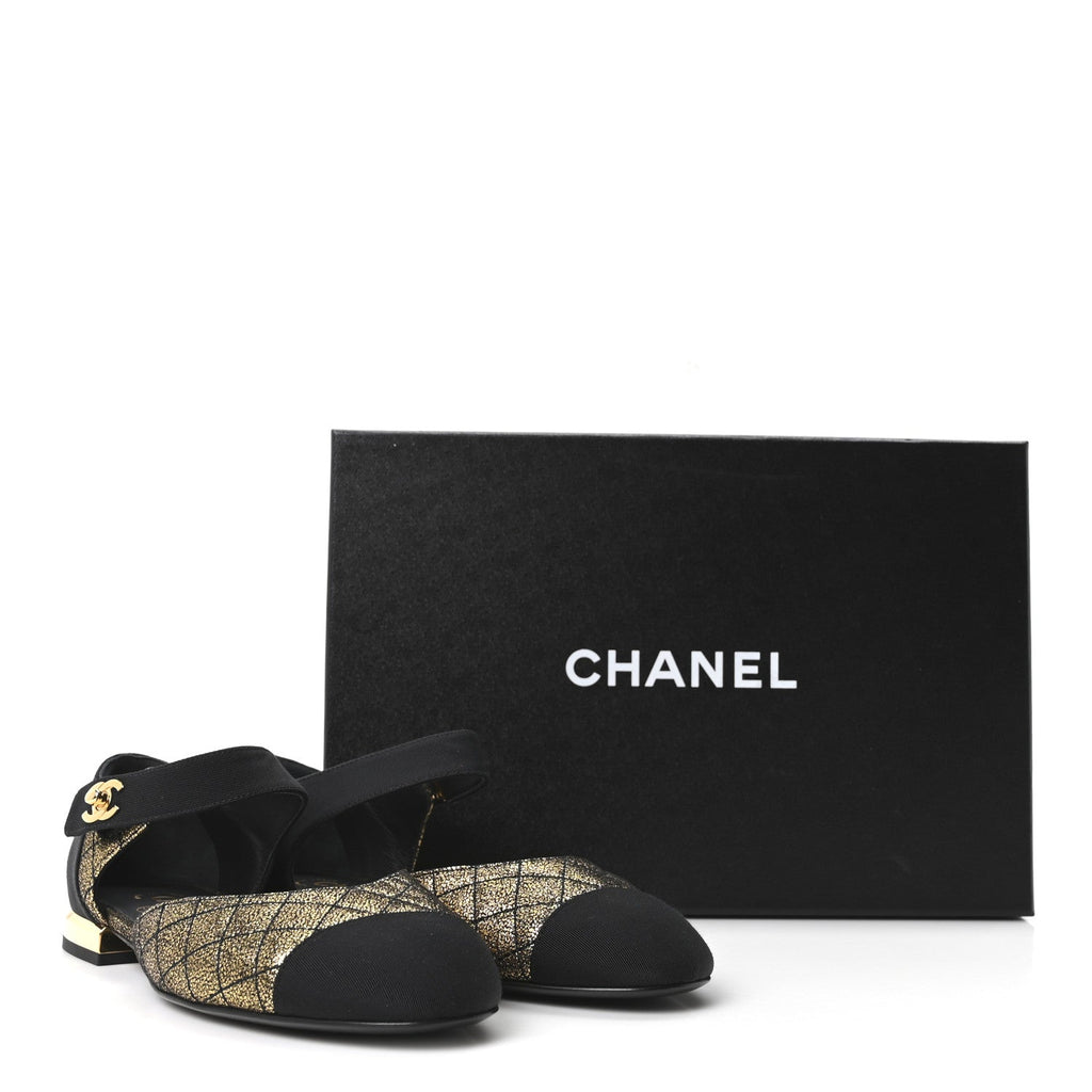 Laminated Suede Kidskin Grosgrain Quilted Cap Toe Ballerina Flats 36.5 Gold Black