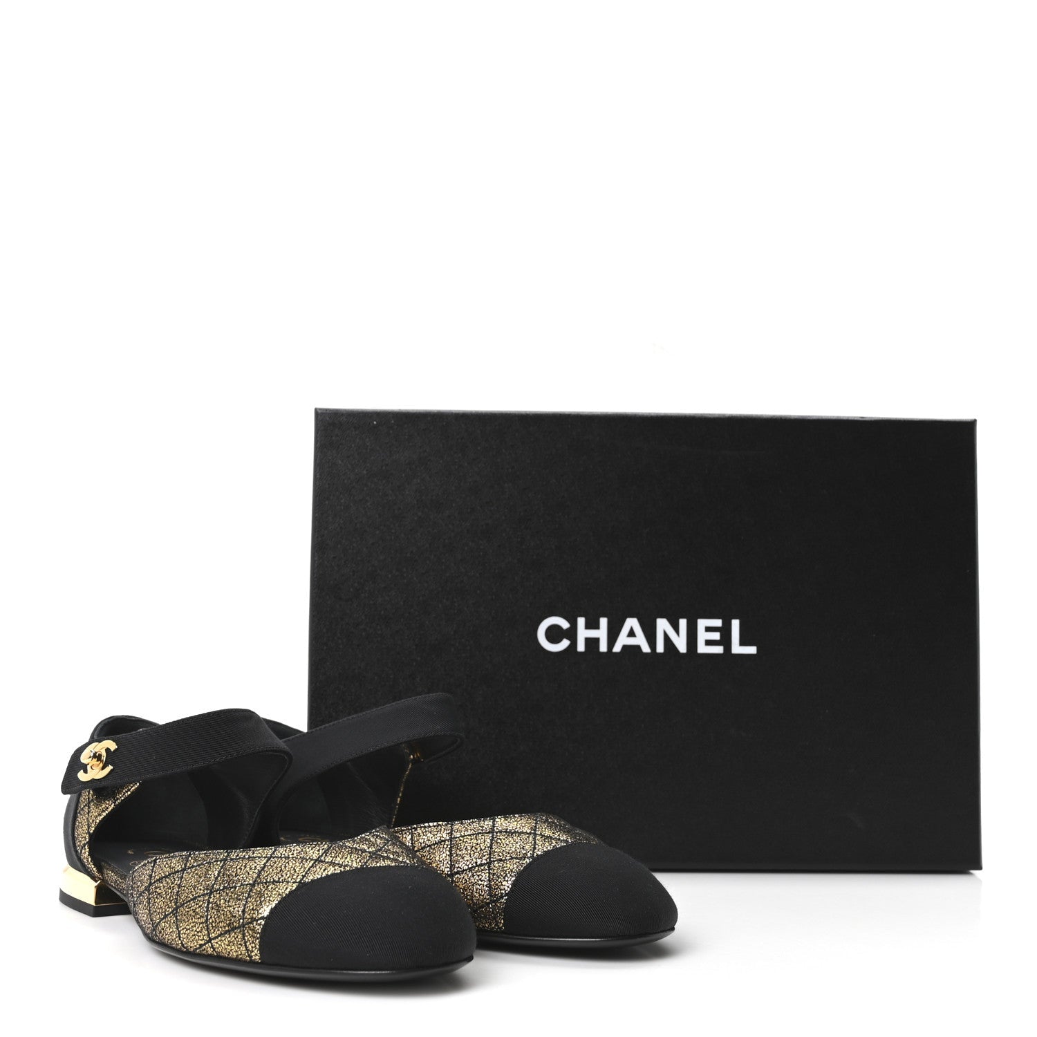 Laminated Suede Kidskin Grosgrain Quilted Cap Toe Ballerina Flats 36.5 Gold Black
