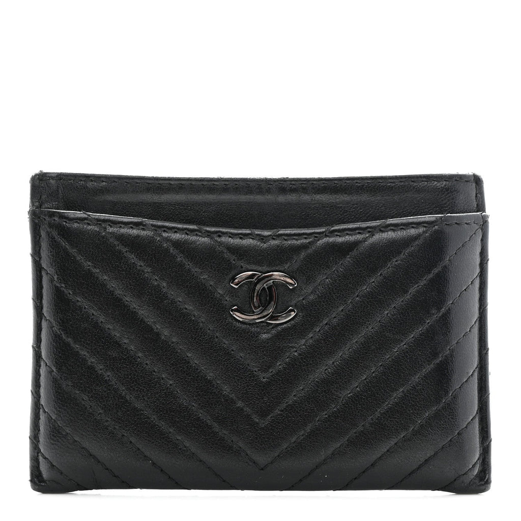 Lambskin Chevron Quilted Card Holder Black