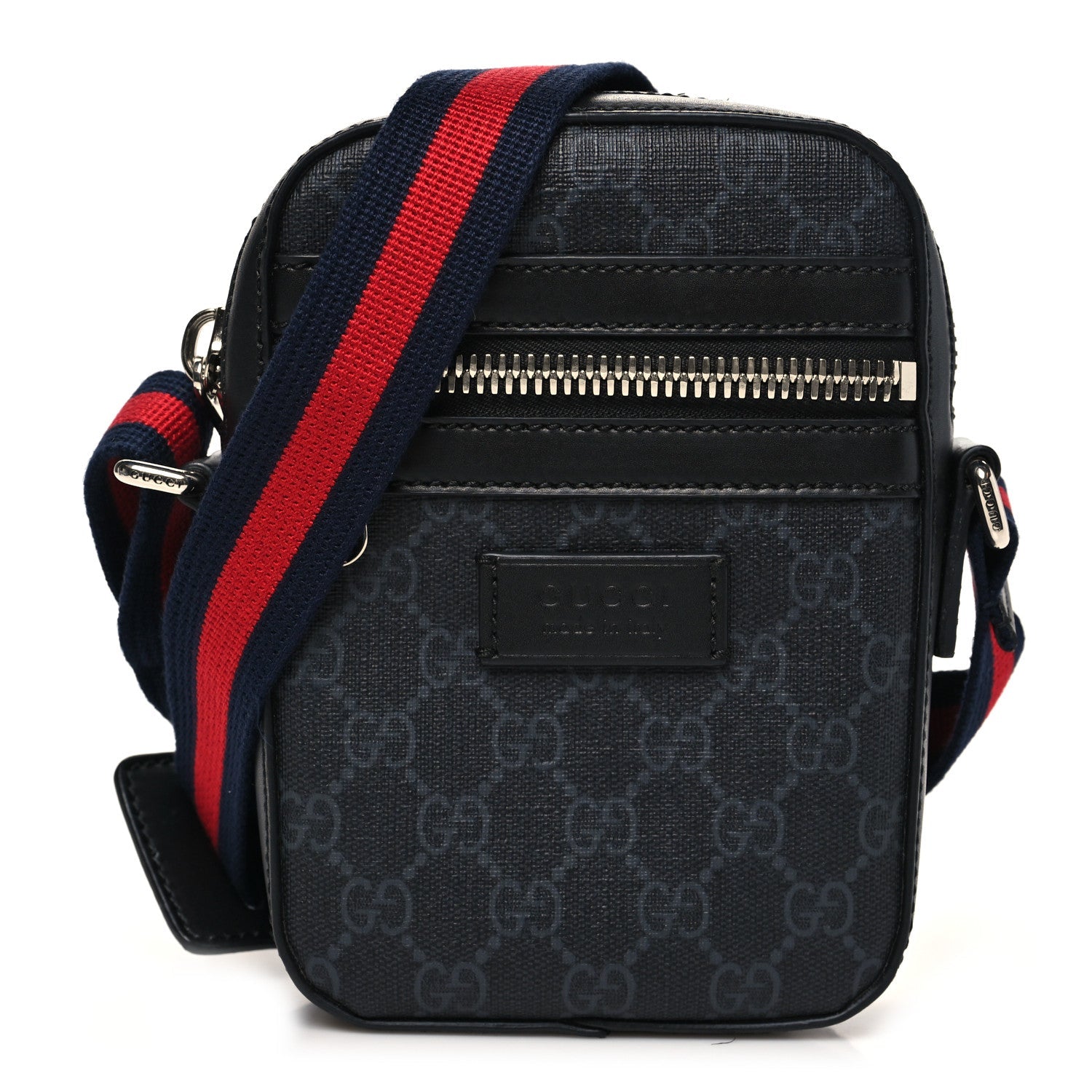 Gucci GG Supreme Monogram Appia Calfskin Web Small Camera Messenger Bag Black Grey