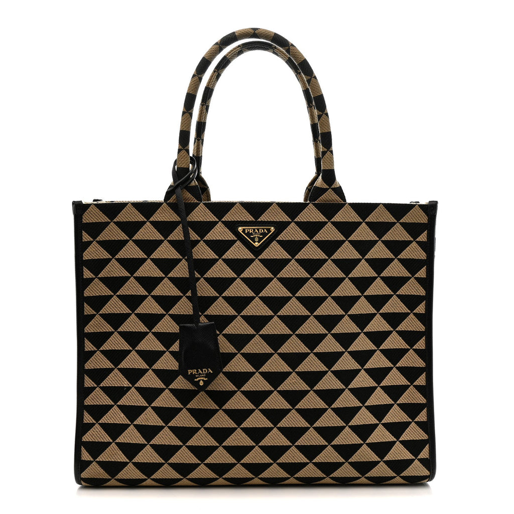 Prada Jacquard Saffiano Triangolo Symbole Embroidered Large Tote Black Corda