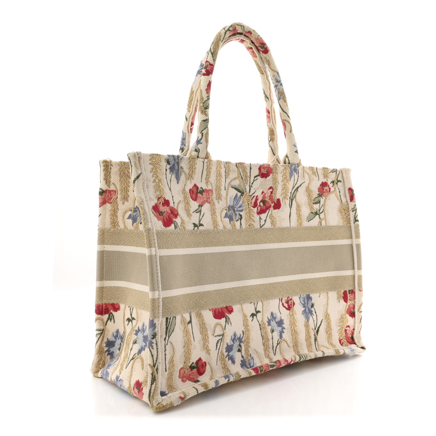 Christian Dior Canvas Embroidered Medium Hibiscus Book Tote Beige Multicolor