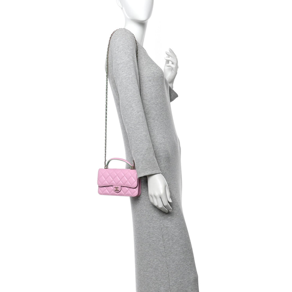 Chanel Lambskin Quilted Flap Phone Holder With Chain Lilac Light Green