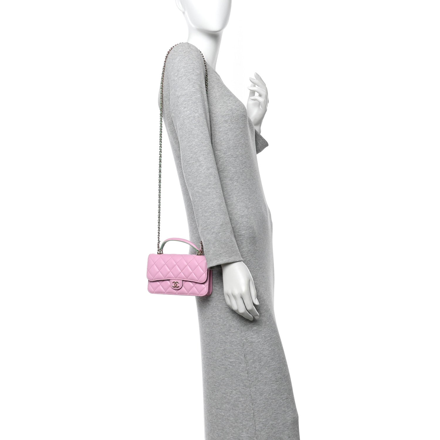 Chanel Lambskin Quilted Flap Phone Holder With Chain Lilac Light Green
