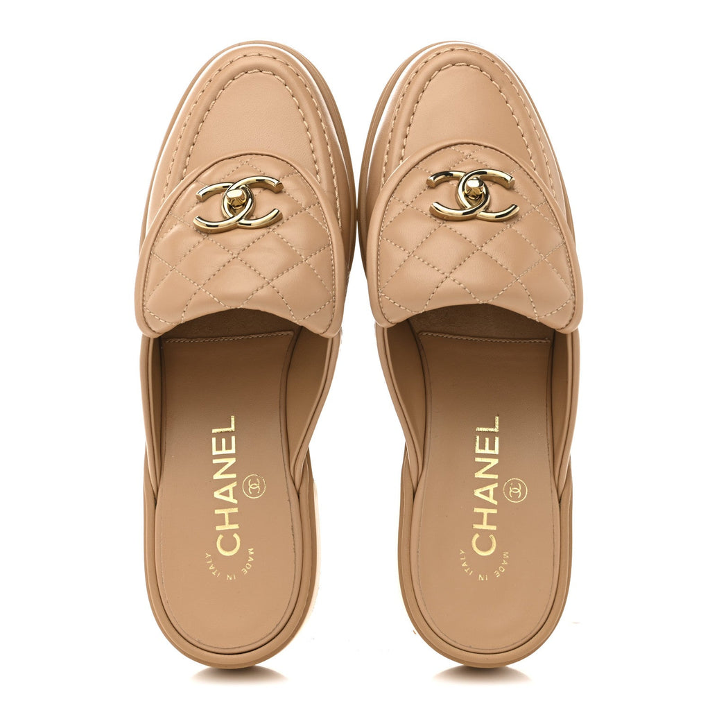 Lambskin Quilted CC Turnlock Mules 37.5 Light Beige